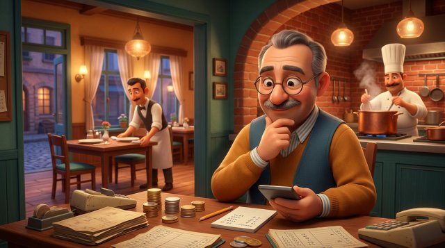 Arka ofisinde hesap makinesi ve bozuk para yığınlarıyla personel maliyetini hesaplayan restoran işletmecisinin 3D illüstrasyonu; kapı aralığından salonda masa hazırlayan garson ve mutfakta çalışan aşçı görünüyor