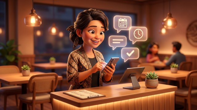 Ilustrasi 3D pemilik restoran Indonesia tersenyum sambil mengetik pesan konfirmasi reservasi di smartphone, dengan gelembung percakapan berisi ikon kalender, jam, dan tanda centang