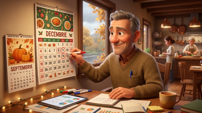 Un restaurator planifică în septembrie calendarul sezonului de sărbători, cu joile și vinerile din decembrie marcate pe un calendar mare