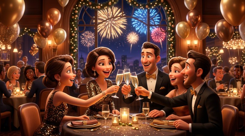 Invitați eleganți ciocnesc pahare de șampanie la petrecerea de Revelion dintr-un restaurant plin, cu artificii pe fereastră