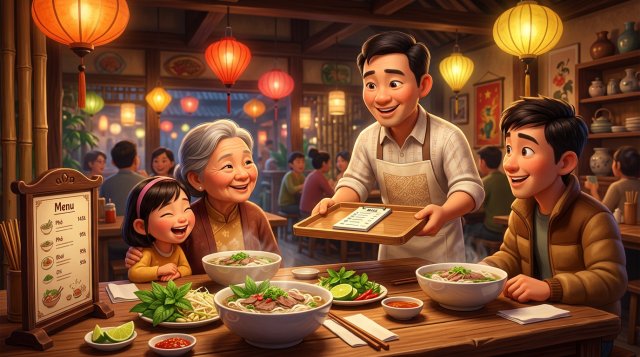 Nhân viên phục vụ đưa hóa đơn ghi giá rõ ràng cho khách tại bàn ăn nhà hàng Việt Nam