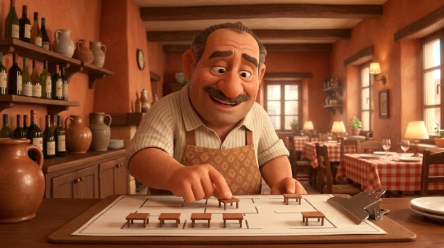 Ristoratore sorridente che studia la pianta della sala del suo ristorante e riorganizza i tavoli come su un tabellone di gioco