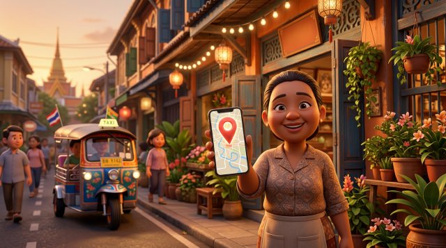 เจ้าของร้านอาหารไทยยืนหน้าร้านตึกแถว ถือสมาร์ตโฟนที่แสดงแผนที่เมืองพร้อมหมุดสีแดงขนาดใหญ่ปักอยู่เหนือร้านของเธอ