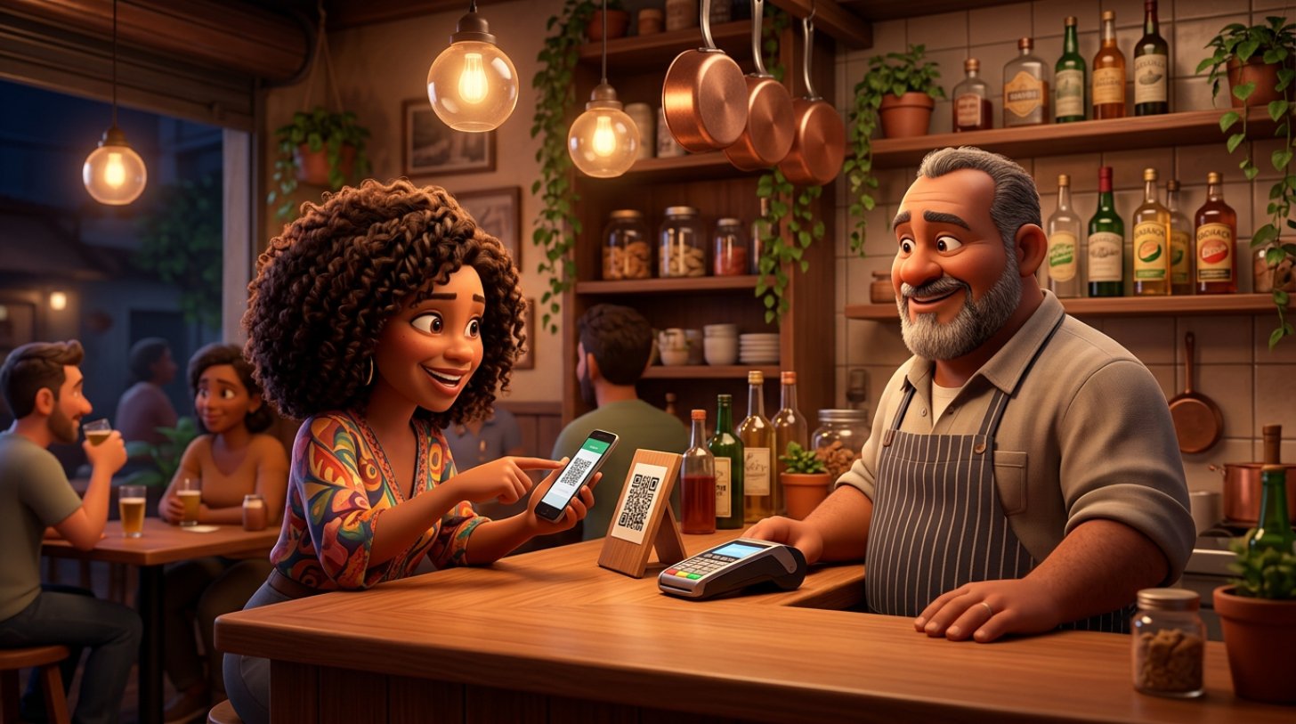 Cliente sorridente apontando o celular para uma plaquinha de QR code de Pix no balcão de um restaurante brasileiro, ao lado da maquininha