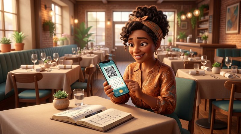 Dona de restaurante enviando pelo celular um link de pagamento com QR code para confirmar uma reserva, com o caderno de reservas aberto ao lado