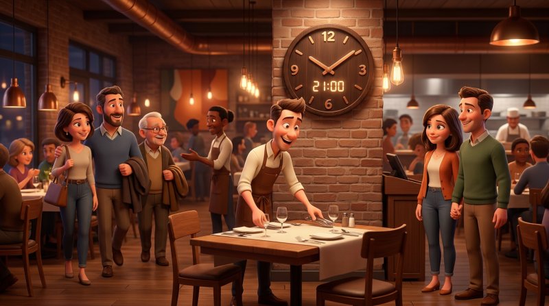 Clients quittant leur table à 21 heures pendant qu'un couple attend d'être installé dans une salle de restaurant animée