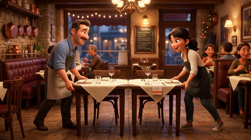 Deux serveurs assemblent deux tables carrées pour former une grande tablée dans une salle de bistrot