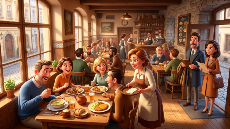 Rušný polední servis v restauraci, servírka nese účet ke stolu u okna, zatímco u dveří čekají další hosté