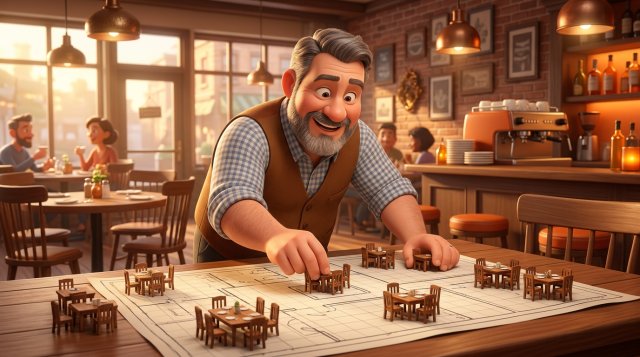 Dueño de restaurante moviendo mesas en miniatura sobre el plano de sala de su restaurante, como piezas de un juego de estrategia