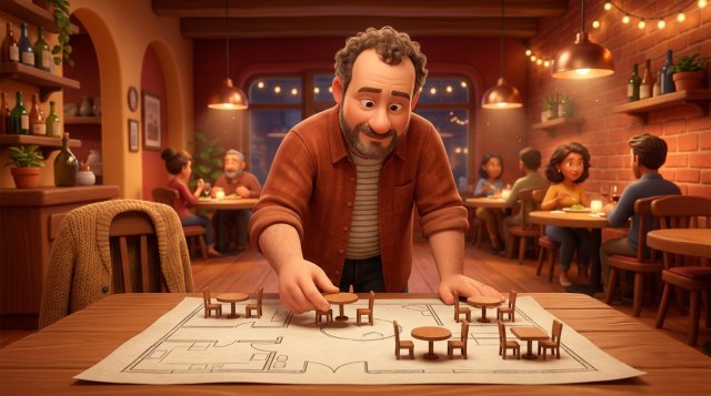 Dono de restaurante a mover mesas em miniatura sobre a planta de sala do seu restaurante, como peças de um jogo de estratégia