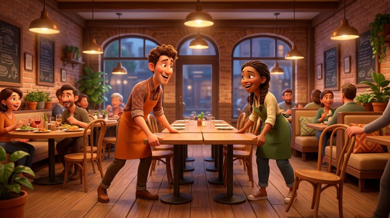 Dois empregados de mesa juntam duas mesas quadradas para formar uma mesa comprida numa sala de restaurante animada