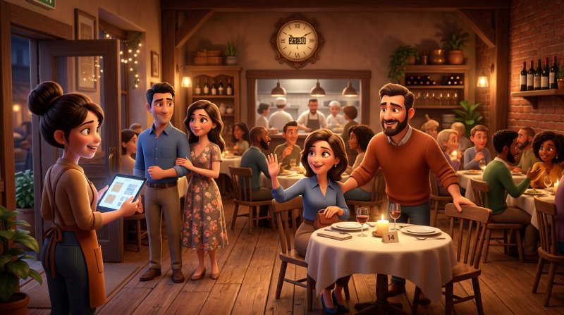 Casal a despedir-se da sua mesa enquanto outro casal aguarda à entrada de uma sala de restaurante movimentada