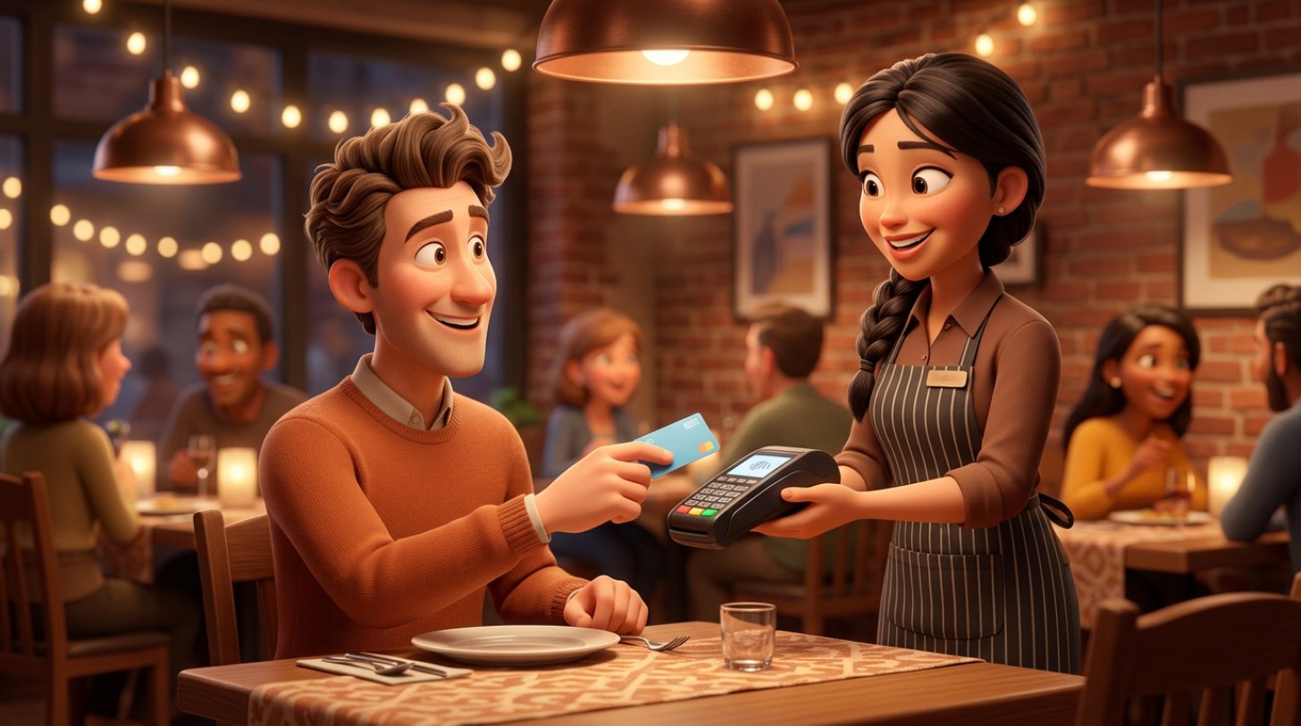 Client apropie cardul bancar de terminalul de plată contactless ținut de un ospătar, la masa unui restaurant