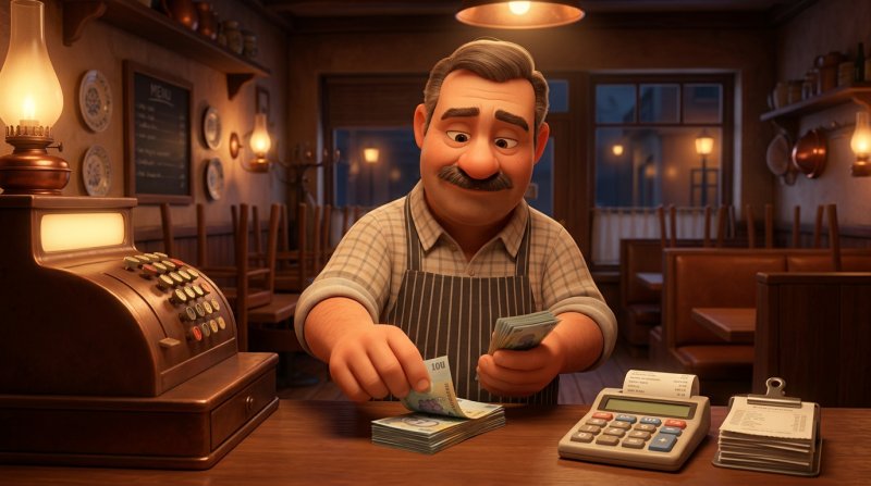 Restaurator numără bancnote la casa de marcat a restaurantului, cu bonuri ordonate și un calculator alături
