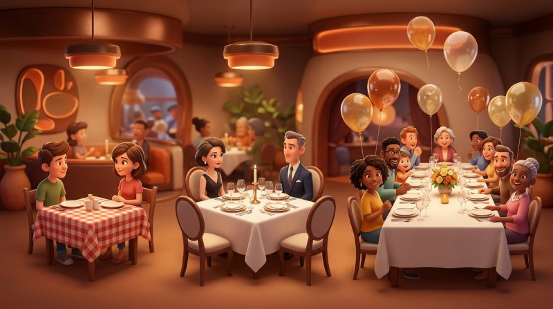 Tres mesas de restaurante de tamaño creciente, de una mesa pequeña para dos a una larga mesa de banquete para un grupo grande