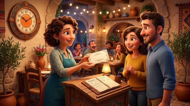 Ilustración de una restauradora en el atril de recepción mostrando las condiciones de reserva a una pareja de clientes, con el libro de reservas abierto