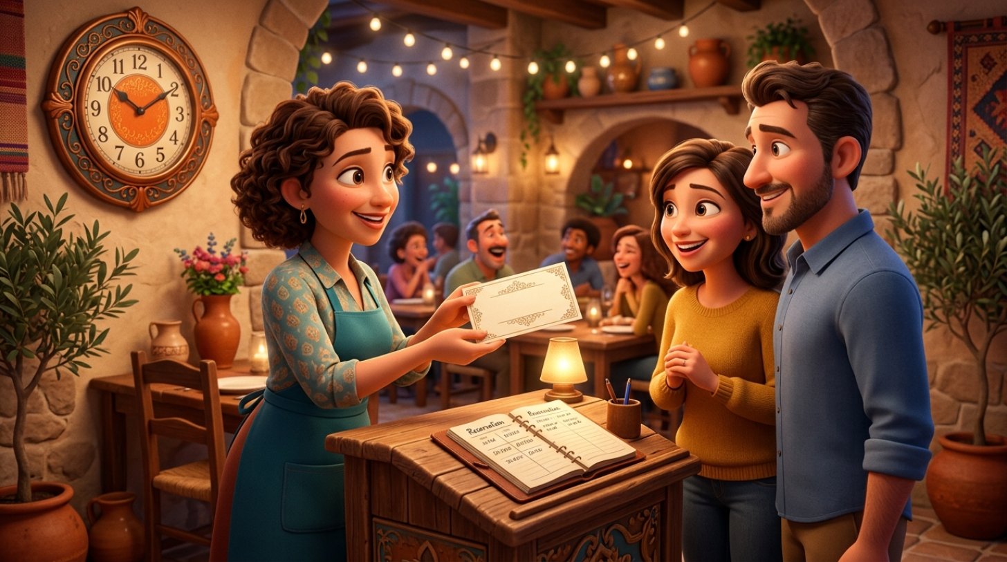 Ilustración de una restauradora en el atril de recepción mostrando las condiciones de reserva a una pareja de clientes, con el libro de reservas abierto