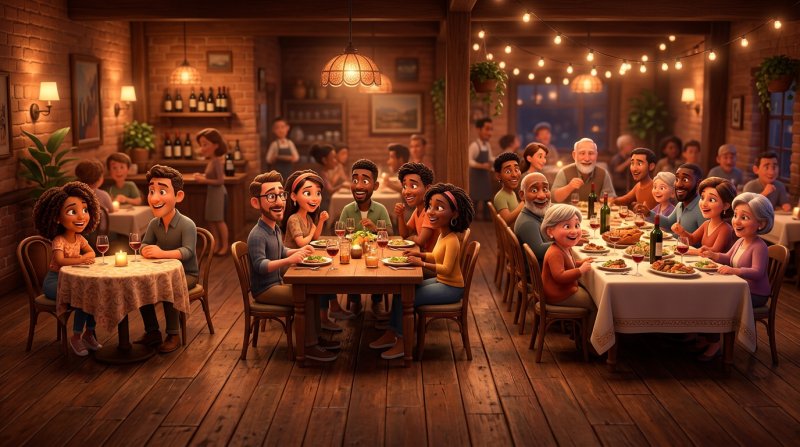 Três mesas de restaurante de tamanho crescente, de uma pequena mesa para dois a uma longa mesa de banquete para um grupo grande