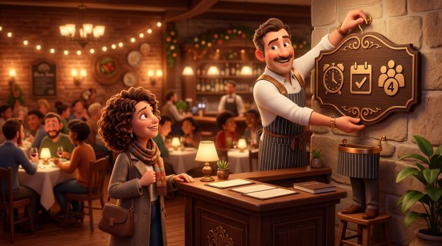 Illustration d'un restaurateur affichant ses conditions d'annulation sur un panneau près de son comptoir de réservation