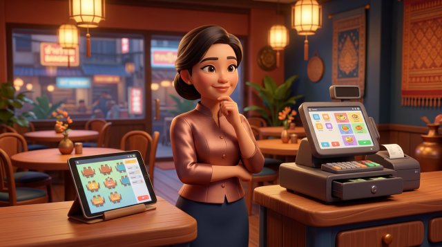 เจ้าของร้านอาหารไทยยืนอยู่ระหว่างเครื่อง POS บนเคาน์เตอร์กับแท็บเล็ตที่แสดงปฏิทินการจองโต๊ะ ในร้านตึกแถวบรรยากาศอบอุ่น