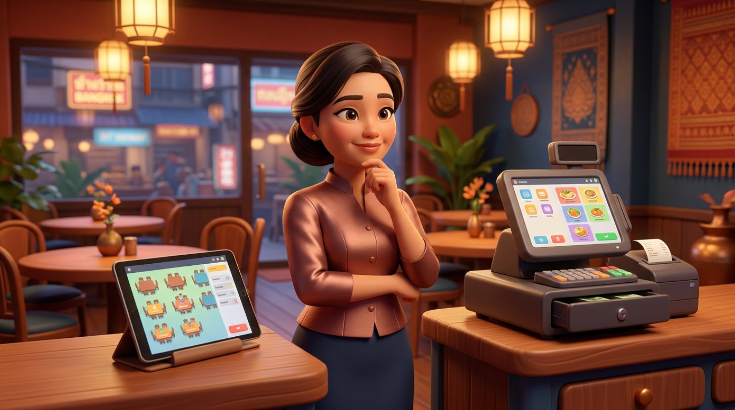 เจ้าของร้านอาหารไทยยืนอยู่ระหว่างเครื่อง POS บนเคาน์เตอร์กับแท็บเล็ตที่แสดงปฏิทินการจองโต๊ะ ในร้านตึกแถวบรรยากาศอบอุ่น