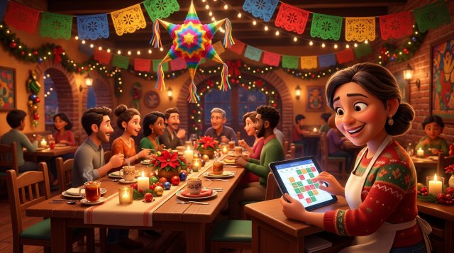 Restaurante mexicano decorado para una posada de empresa, con papel picado, piñata y una mesa larga lista, mientras la dueña revisa en una tableta la agenda de reservaciones llena de diciembre