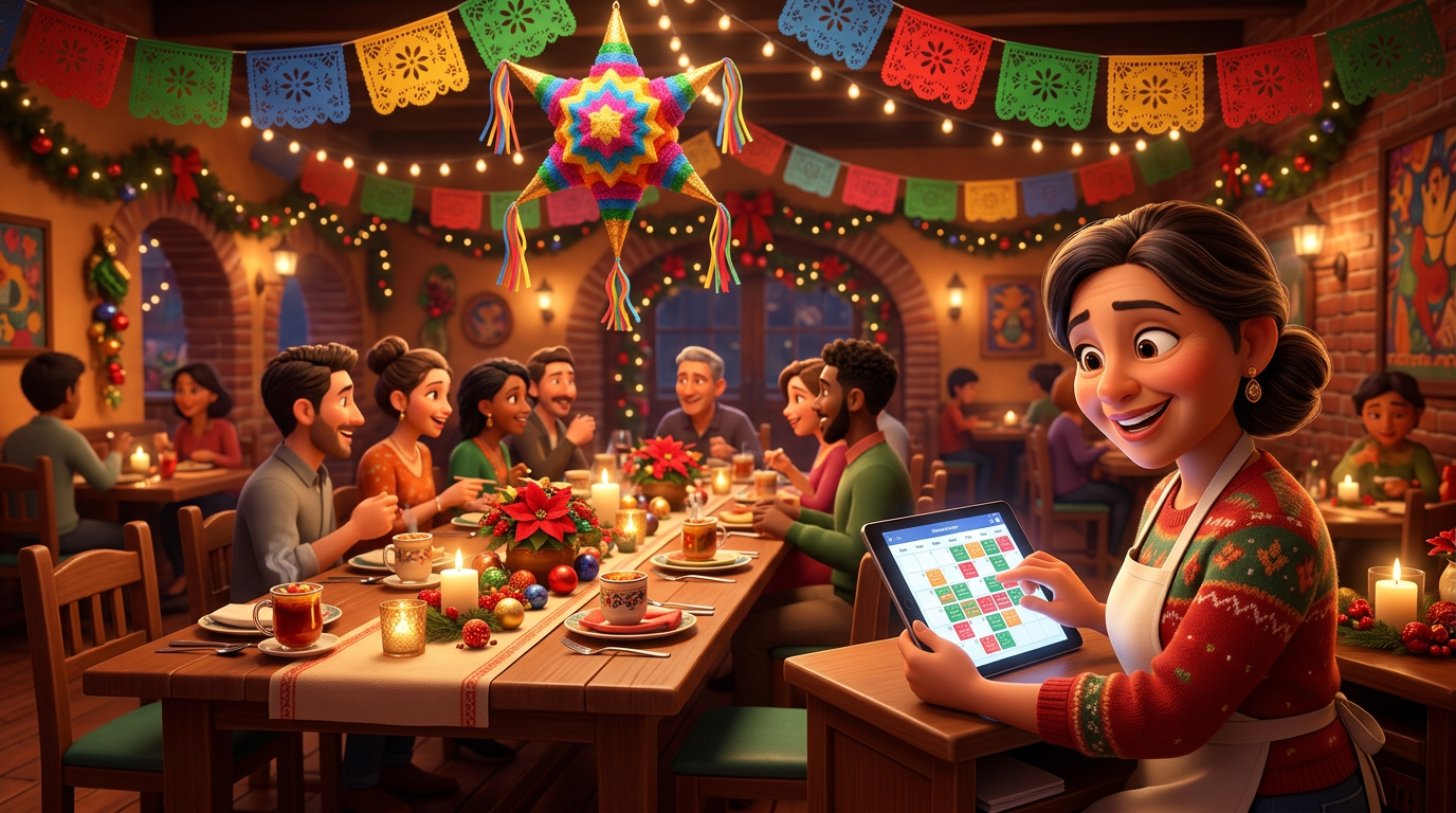 Restaurante mexicano decorado para una posada de empresa, con papel picado, piñata y una mesa larga lista, mientras la dueña revisa en una tableta la agenda de reservaciones llena de diciembre