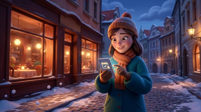 Hostka v zimním kabátě si na zasněžené pražské ulici čte v mobilu připomínku večerní rezervace, za ní svítí okna restaurace