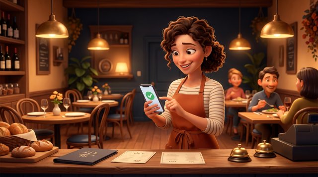 Restauratorka za ladą patrzy na smartfon z zielonym znakiem potwierdzenia rezerwacji, w tle sala z nakrytymi stolikami