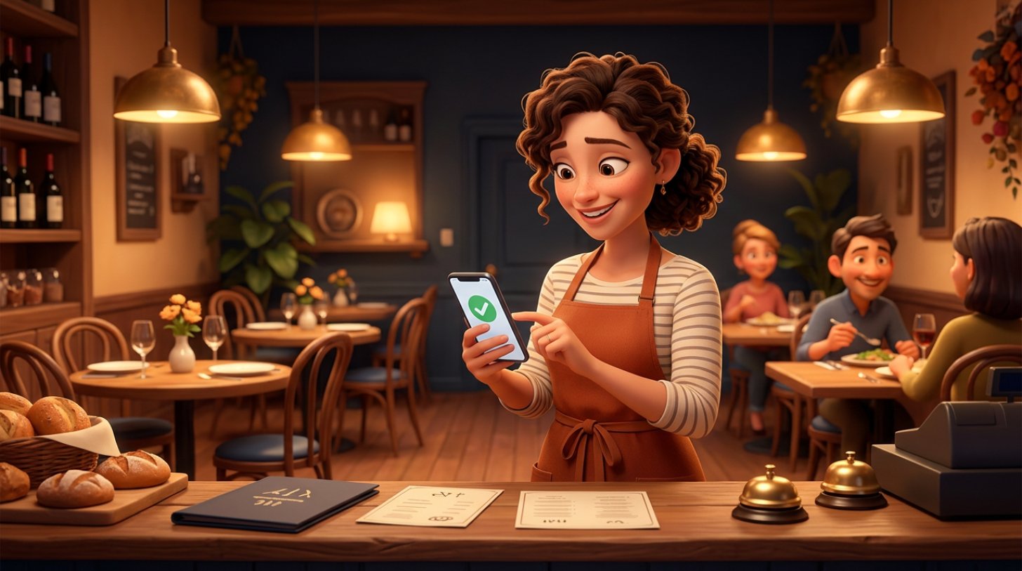 Restauratorka za ladą patrzy na smartfon z zielonym znakiem potwierdzenia rezerwacji, w tle sala z nakrytymi stolikami