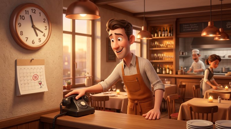 Kelner w małej restauracji odkłada słuchawkę telefonu, na ścianie zegar wskazuje późne popołudnie i kalendarz z zakreśloną datą