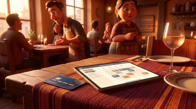 Ilustração de um cartão de crédito ao lado de um tablet com um calendário de reservas sobre uma mesa de restaurante