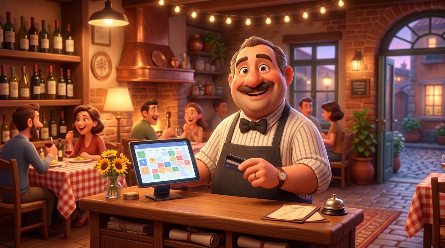 Illustrazione di un ristoratore italiano al banco della sua trattoria con una carta di pagamento e un tablet con il calendario delle prenotazioni