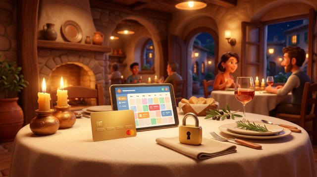 Ilustración de una tarjeta bancaria junto a una tableta con un calendario de reservas sobre una mesa de restaurante iluminada con velas