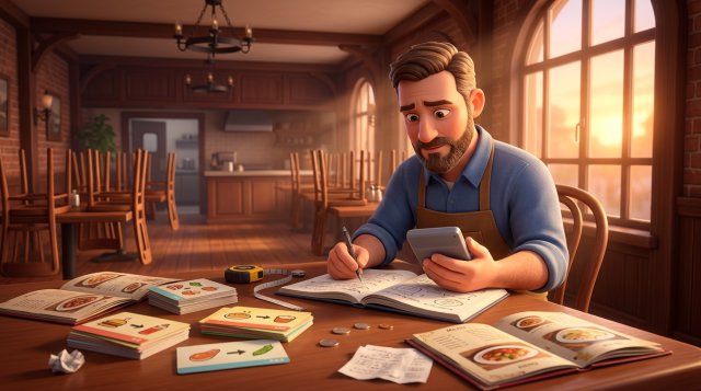 Ilustración de un restaurador calculando los precios de su carta con calculadora, fichas de recetas y una carta de menú abierta sobre la mesa
