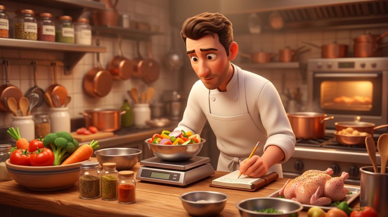 Cozinheiro a pesar ingredientes frescos numa balança e a anotar as quantidades numa ficha de receita