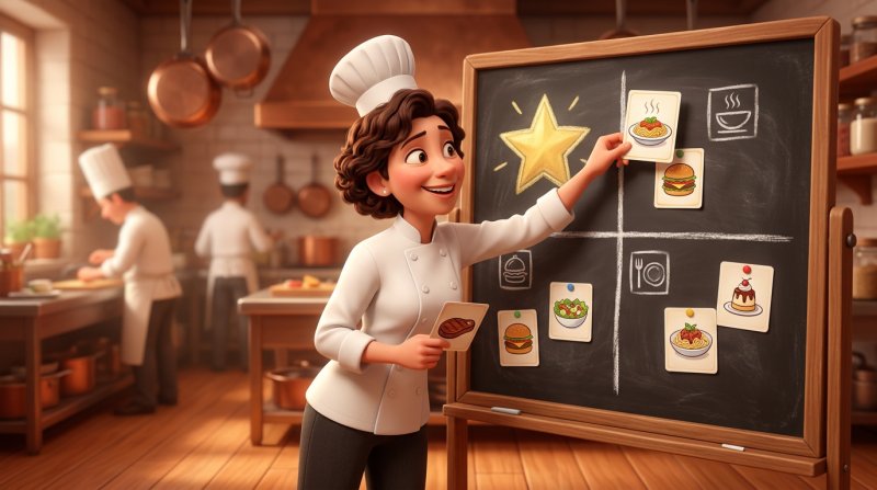 Chef a classificar os pratos do seu menu numa matriz de quatro quadrantes desenhada num quadro, com uma estrela dourada no quadrante superior