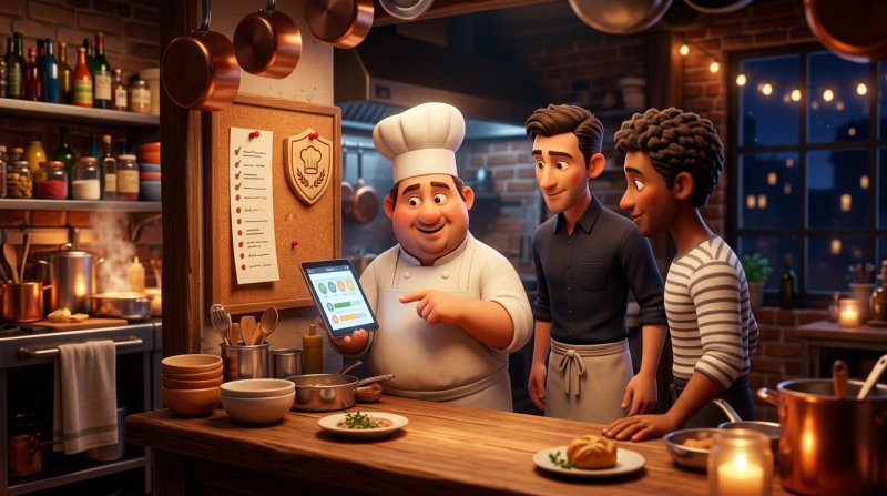 Restaurant team working through a privacy breach checklist together on a tablet at the kitchen pass