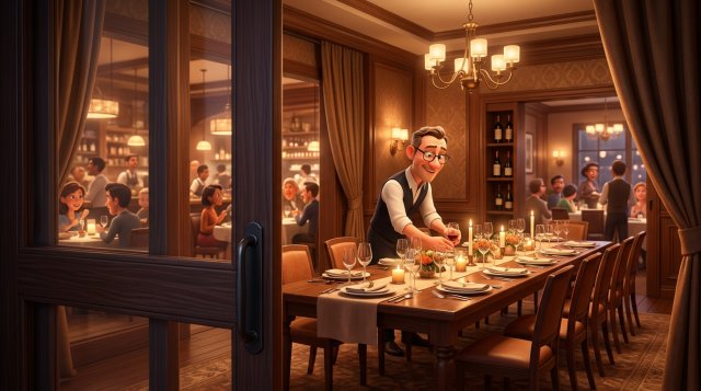 A restaurant owner puts the finishing touch on a candlelit private dining room set for a corporate dinner