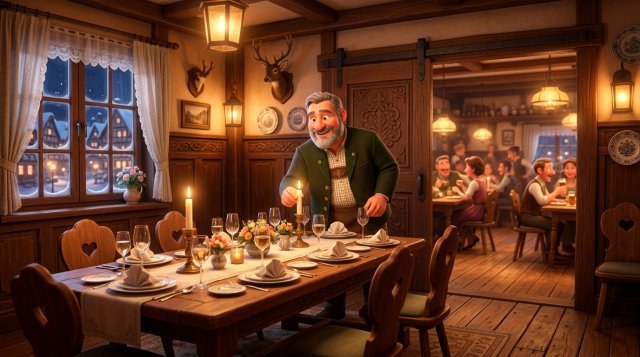 Gastwirt legt letzte Hand an eine festlich eingedeckte lange Tafel in einem holzvertäfelten Nebenraum eines Gasthauses