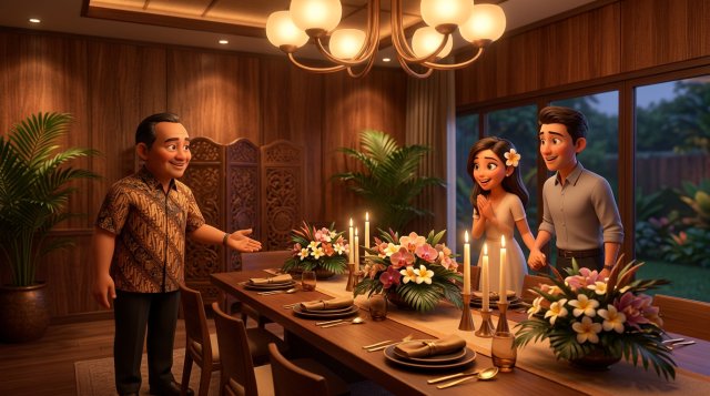 Ilustrasi 3D ruang private dining restoran yang ditata untuk acara spesial dengan meja panjang, rangkaian bunga, dan lampu gantung hangat, sementara pemilik restoran menunjukkan ruangan kepada sepasang calon pengantin
