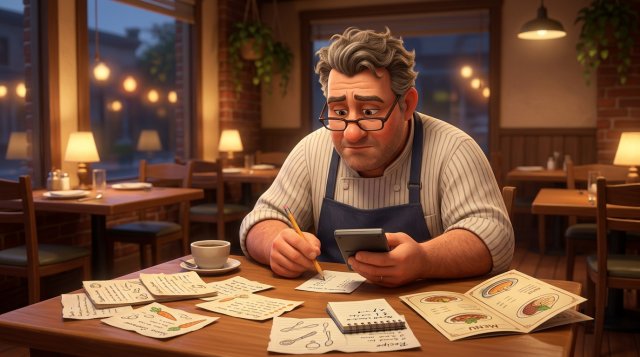 Illustration d'un restaurateur calculant les prix de sa carte, calculatrice en main, entouré de fiches techniques de cuisine