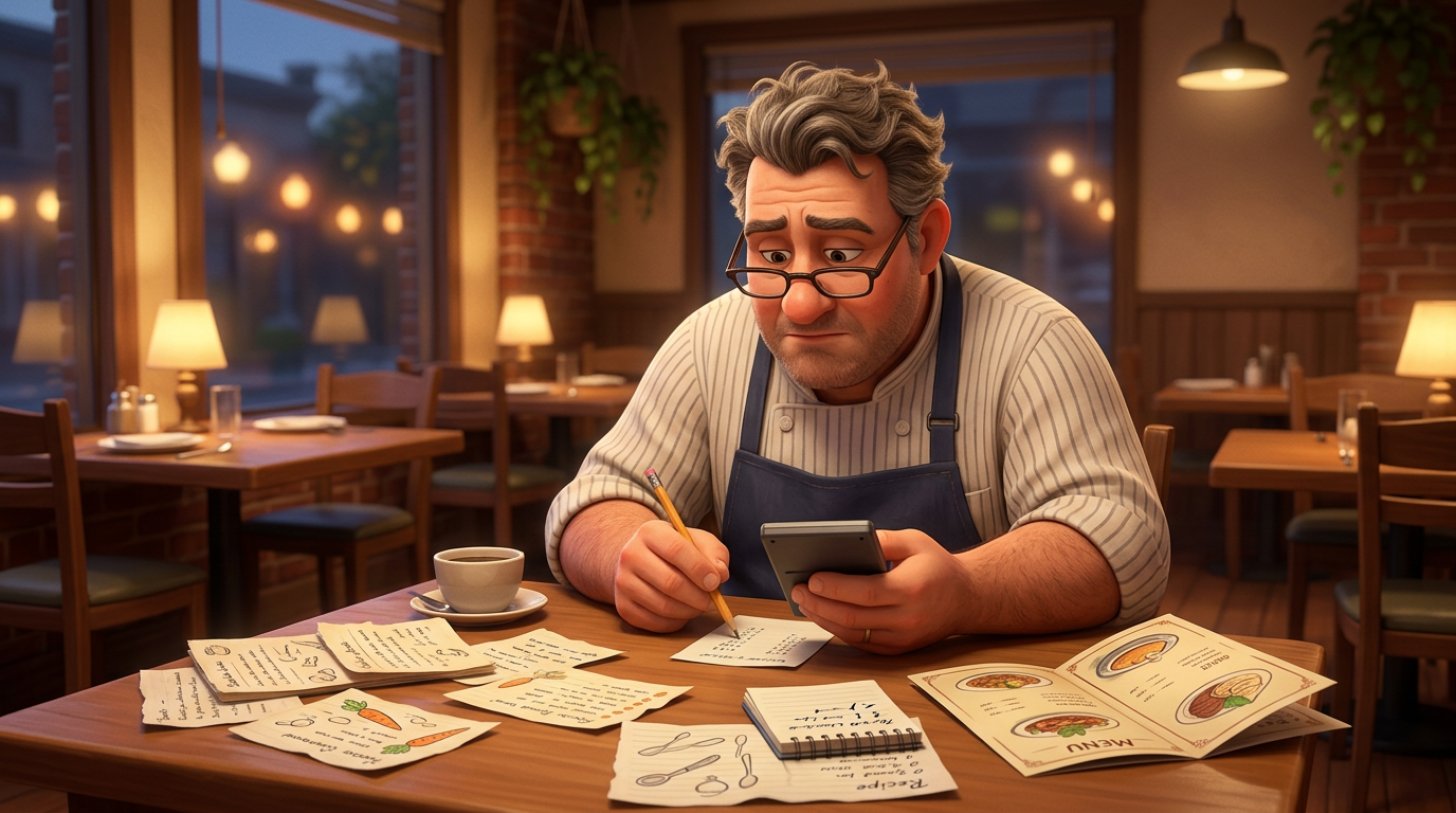 Illustration d'un restaurateur calculant les prix de sa carte, calculatrice en main, entouré de fiches techniques de cuisine