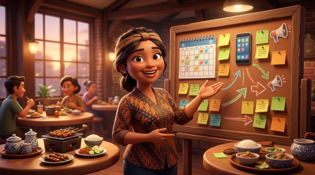 Ilustrasi 3D pemilik restoran menyusun rencana promosi di depan papan berisi ikon media sosial dan kalender