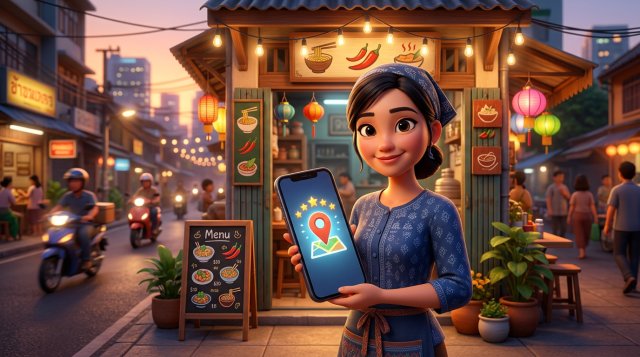 เจ้าของร้านอาหารไทยยืนหน้าร้านตึกแถวริมถนน ถือสมาร์ตโฟนที่แสดงหมุดแผนที่และรีวิวดาว บรรยากาศร้านอบอุ่นยามเย็น
