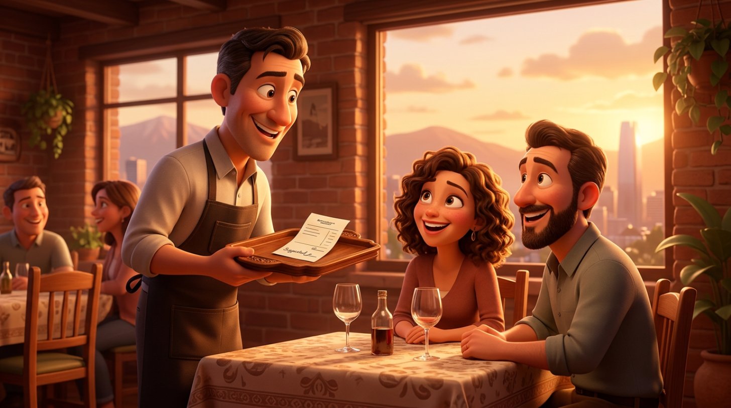 Garzón chileno presenta la cuenta con la propina sugerida a una pareja de comensales sonrientes en un restaurante acogedor