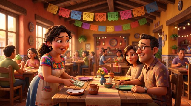 Mesera de un restaurante mexicano recibe con una sonrisa la propina que un cliente deja sobre la mesa junto al ticket de la cuenta