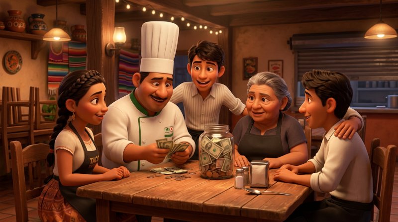 Equipo de un restaurante mexicano reparte al cierre las propinas del día reunido alrededor de una mesa de madera