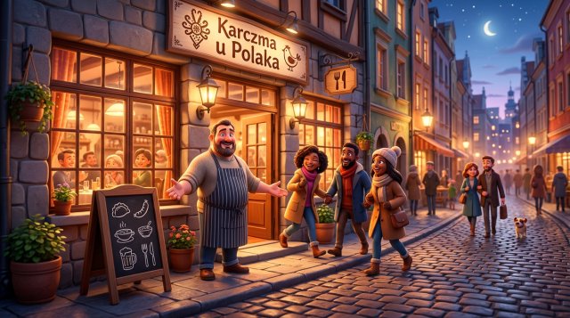 Uśmiechnięty restaurator zaprasza wieczorem grupę gości do przytulnej restauracji przy ulicy polskiego miasta