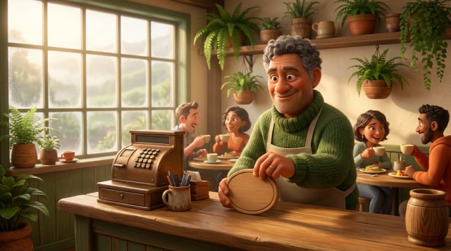 New Zealand cafe owner placing a public holiday surcharge sign on the counter next to the till while customers enjoy brunch